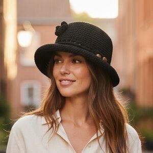 Rico International Women size Small Black Crochet Knit Hat Flower Bead Detail